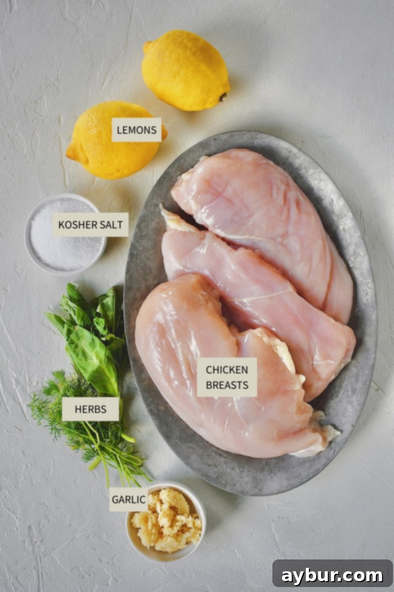 Fresh ingredients laid out for making the poaching liquid, including lemons, garlic, and herbs.