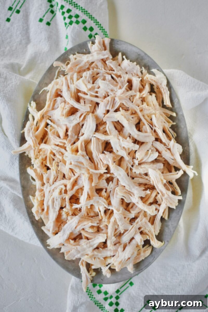 Deliciously shredded poached chicken, perfectly cooked and ready for use.