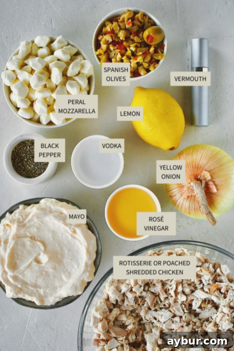 Various fresh ingredients meticulously laid out, ready to be combined for making the Martini Chicken Salad.