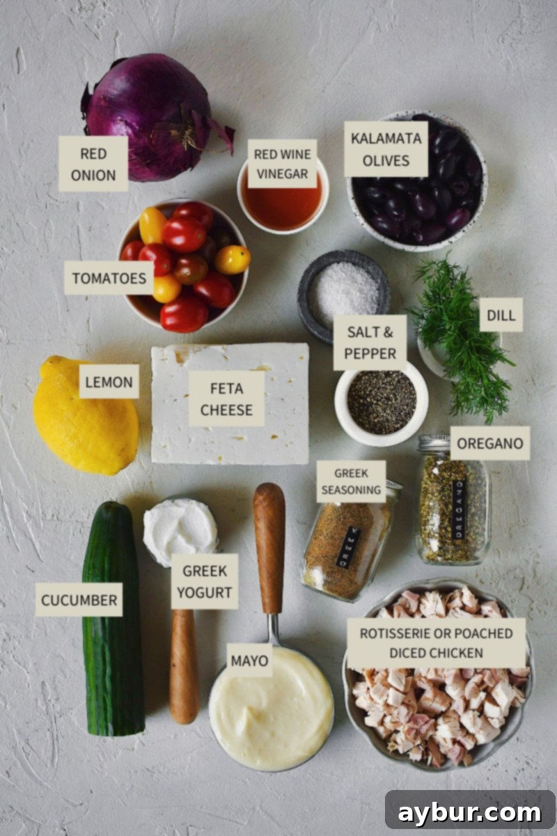 A vibrant selection of ingredients needed to make Greek Style Chicken Salad, including fresh vegetables, herbs, and creamy Greek yogurt.