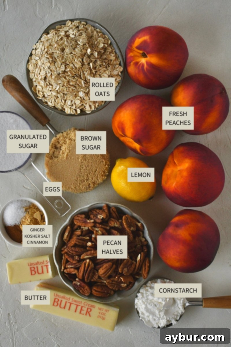 All the fresh and pantry staple ingredients beautifully laid out to make the Peach Pecan Crisp.