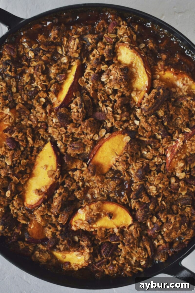 A glorious Peach Pecan Crisp, fresh and bubbling, just pulled from the oven.
