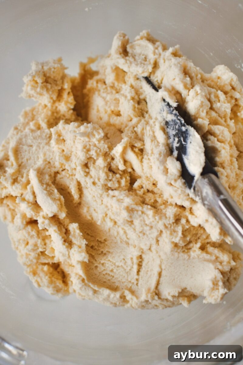 Shortbread dough in a stand mixer bowl after being blended, appearing crumbly.