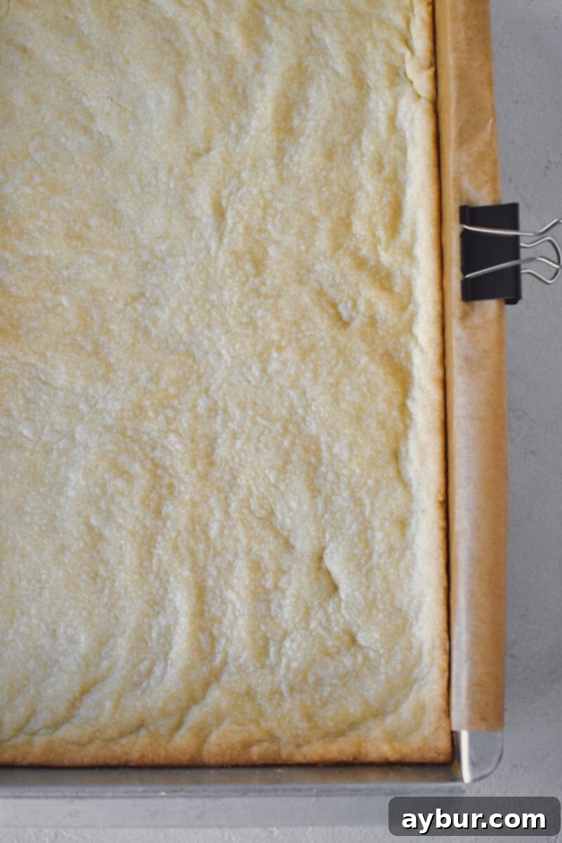 Baked shortbread base, golden brown around the edges, cooling in the pan.