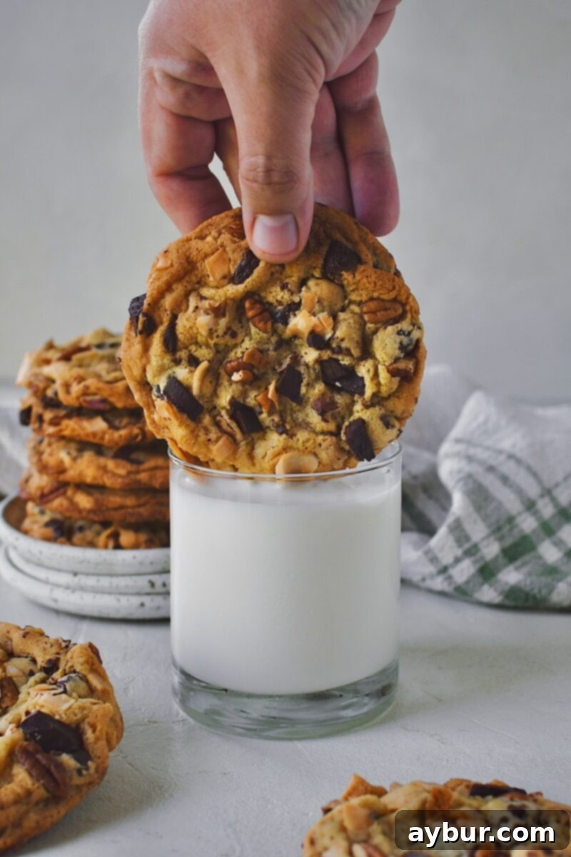 A large, inviting Coconut Pecan Chocolate Chip Cookie being gently dipped into a tall glass of cold, fresh milk, showcasing its perfect dunking readiness.