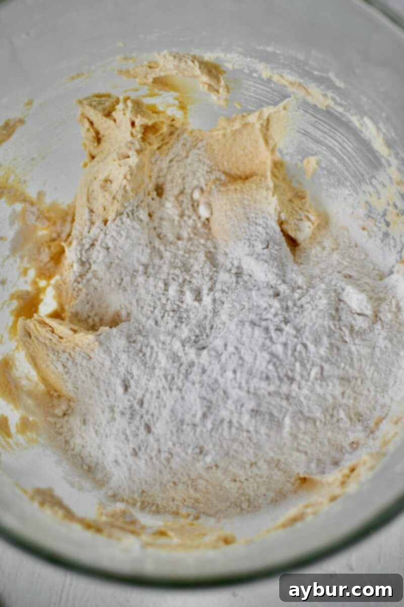 The process of gently blending all-purpose flour into the creamy cookie dough base in a mixer, ensuring no overmixing to maintain a tender texture.