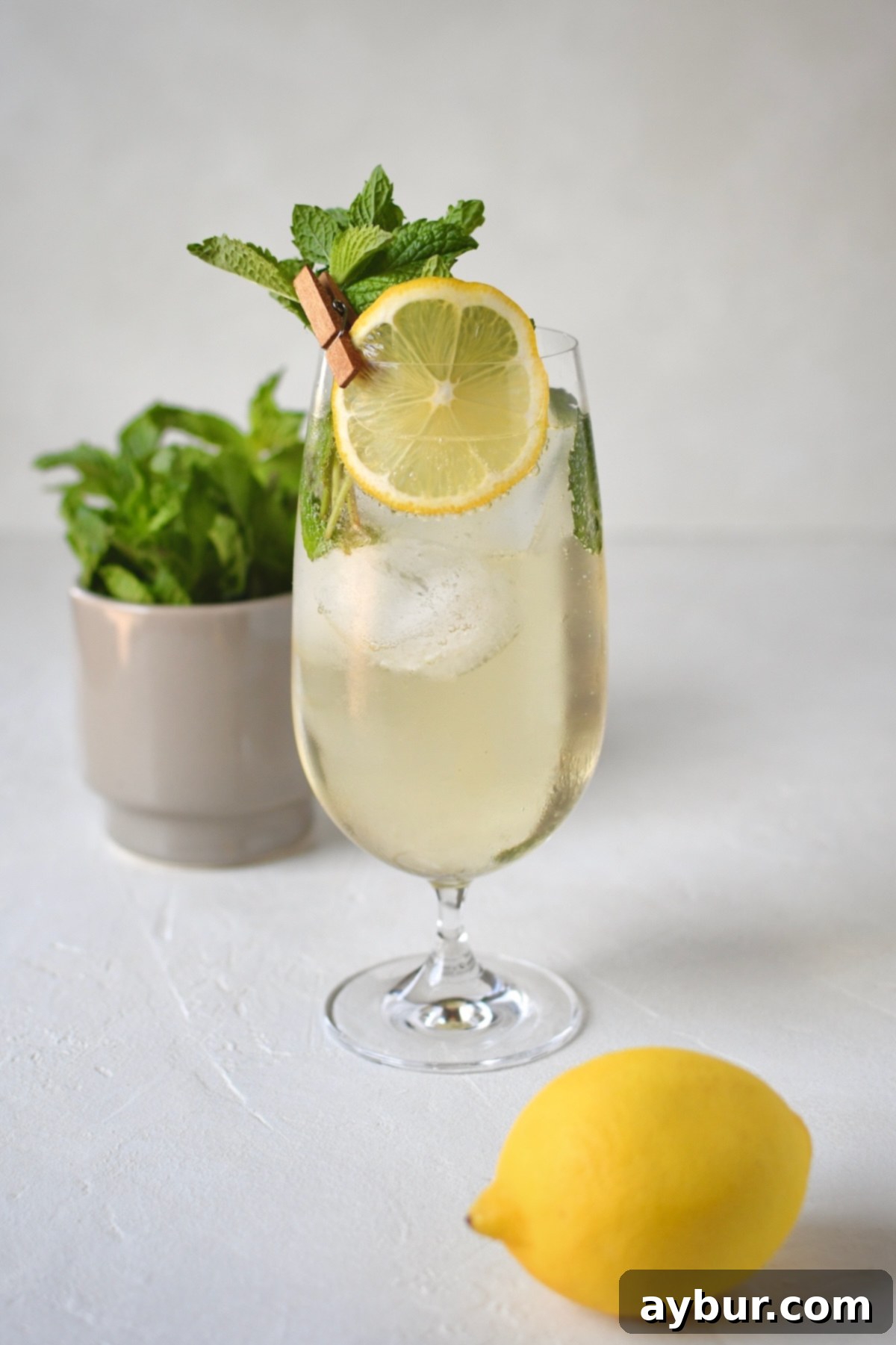 In a large glass, a Hugo Spritz Cocktail, garnished with lemon wheel and mint sprigs. A visually appealing, light green cocktail with ice.