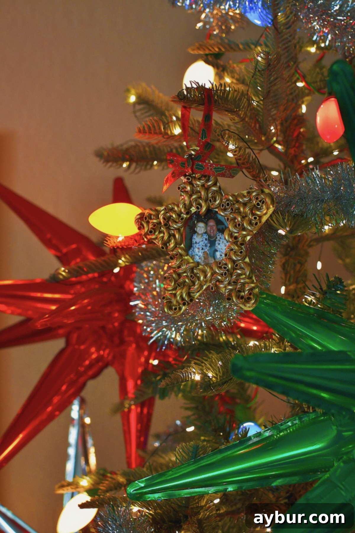 Macaroni Star Pasta Christmas Ornament, on a beautifully decorated tree.