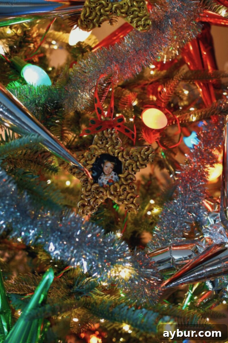 Macaroni Start Pasta Christmas Ornament, photo of Greyson on a beautifully decorated tree.