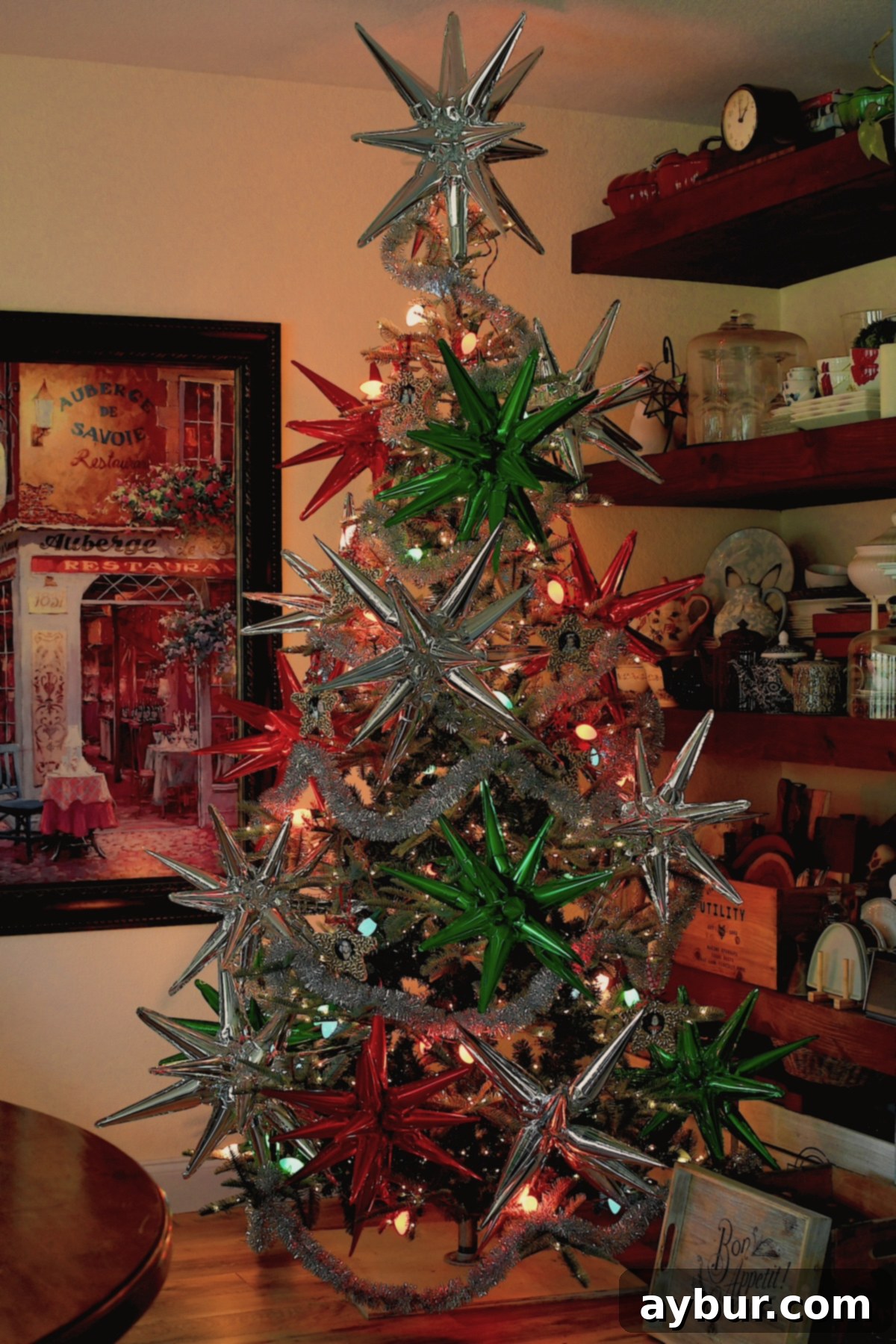 Finished tree, adorned with all of our Easy Pasta Christmas Ornaments.