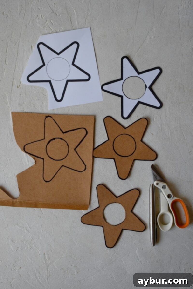 Using a printed star template that has been cut out, to trace and cut out cardboard stars. Example showing each stage.