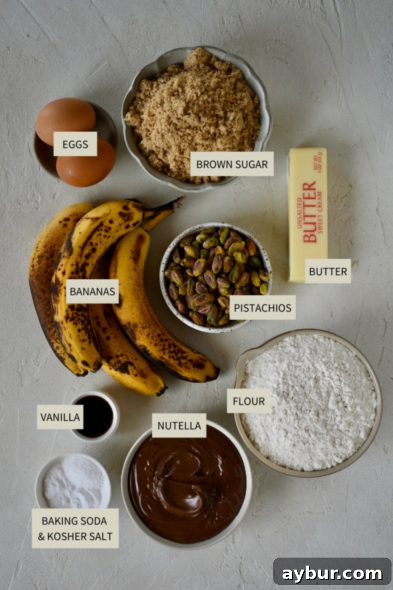 Ingredients needed to make Pistachio Banana Bread.