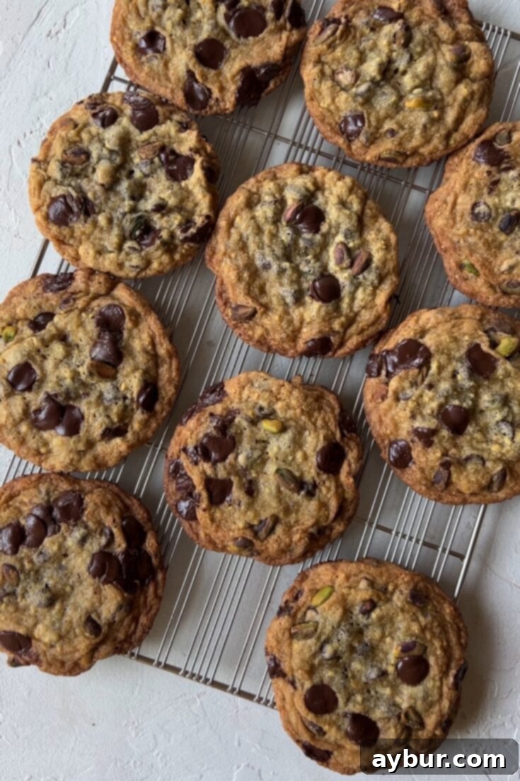 Irresistible Pistachio Chocolate Chip Cookies 2 Pistachio Chocolate Chip Cookies on a cooling rack, waiting to be eaten.
