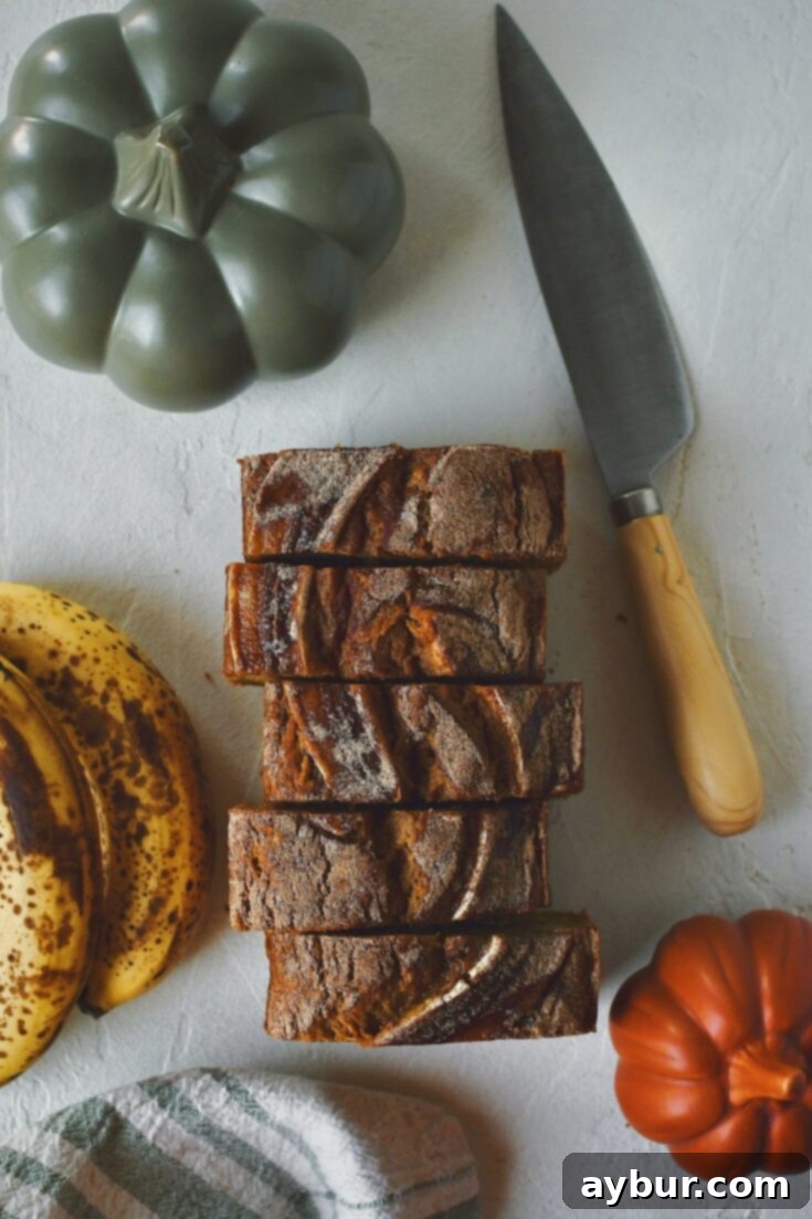 Top view of the Pumpkin Banana Bread, sliced and ready to be served.