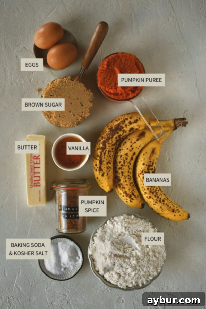 Ingredients needed to make Pumpkin Banana Bread.