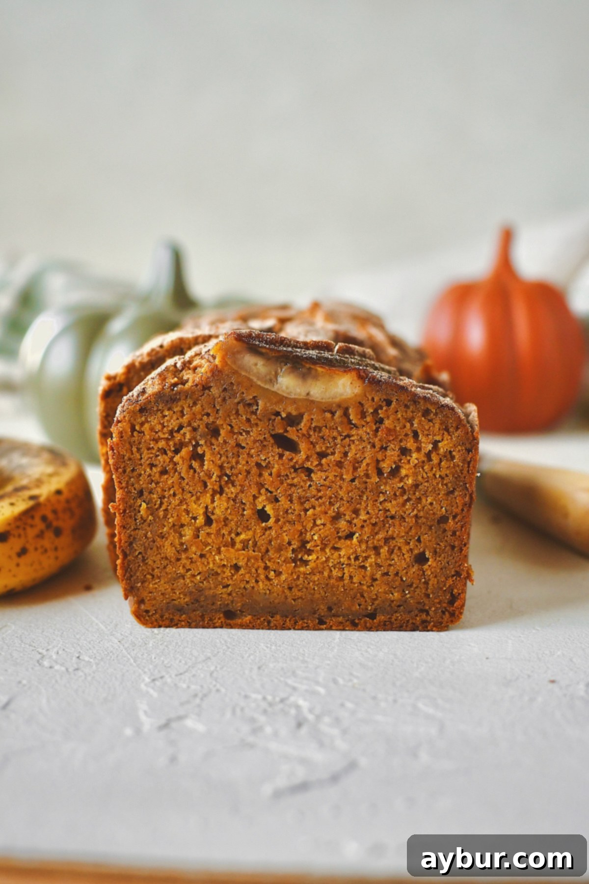 Looking into a slice of the Pumpkin Banana Bread.