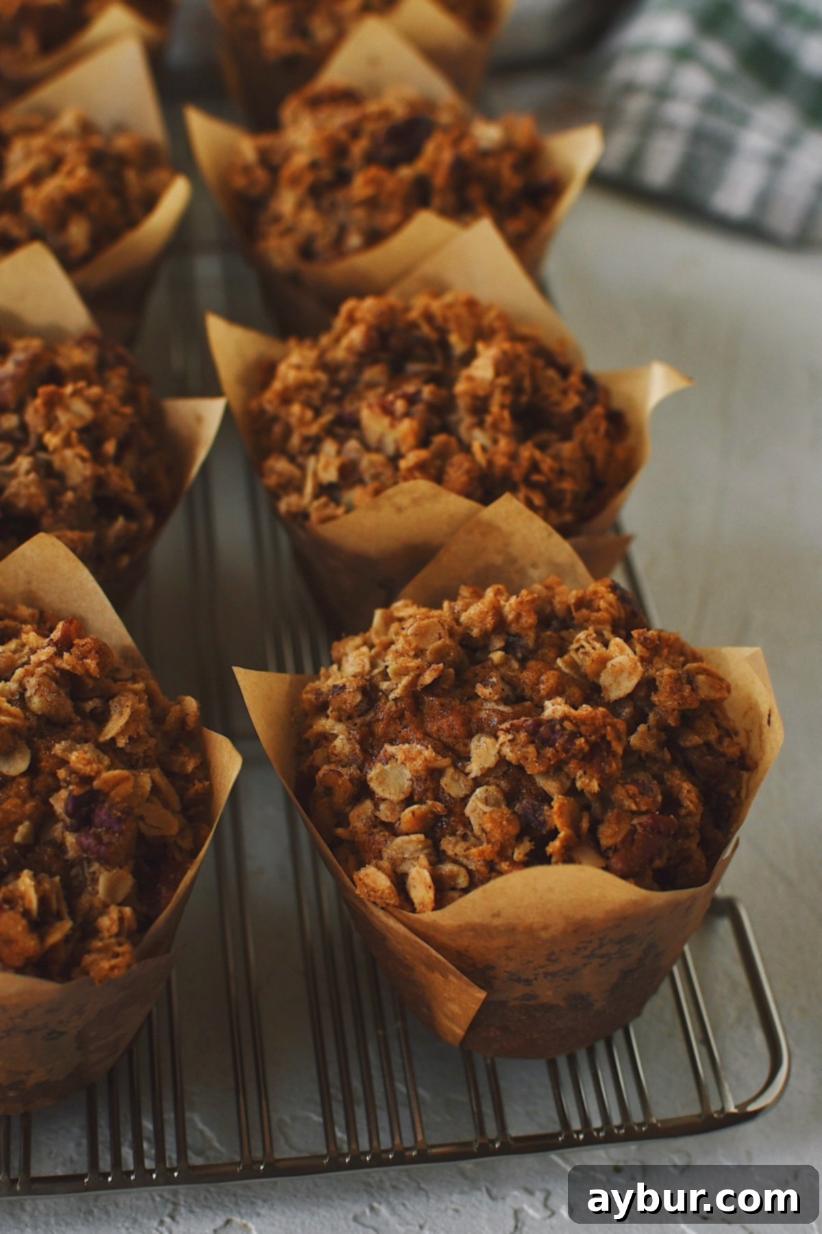 Pumpkin Banana Muffins with Pecan Streusel Topping 6 A delightful side view of golden-brown Pumpkin Banana Muffins, showcasing their perfectly crisp pecan tops and fluffy texture, arranged invitingly on a cooling rack.