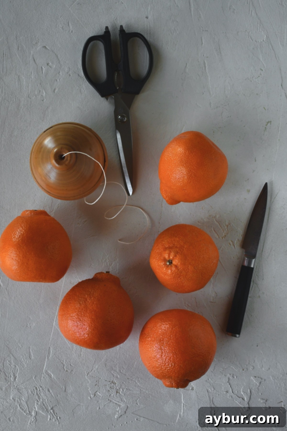 Fragrant Orange Star Garland 3 A curated selection of tools and materials needed to create an Orange Peel Star Garland, including fresh oranges, twine, scissors, a knife, and various star-shaped cookie cutters.
