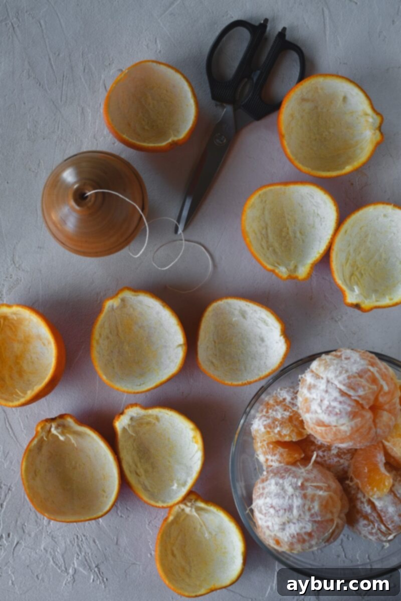 Fragrant Orange Star Garland 7 A selection of orange peels and star cookie cutters laid out, ready for the crafting process.