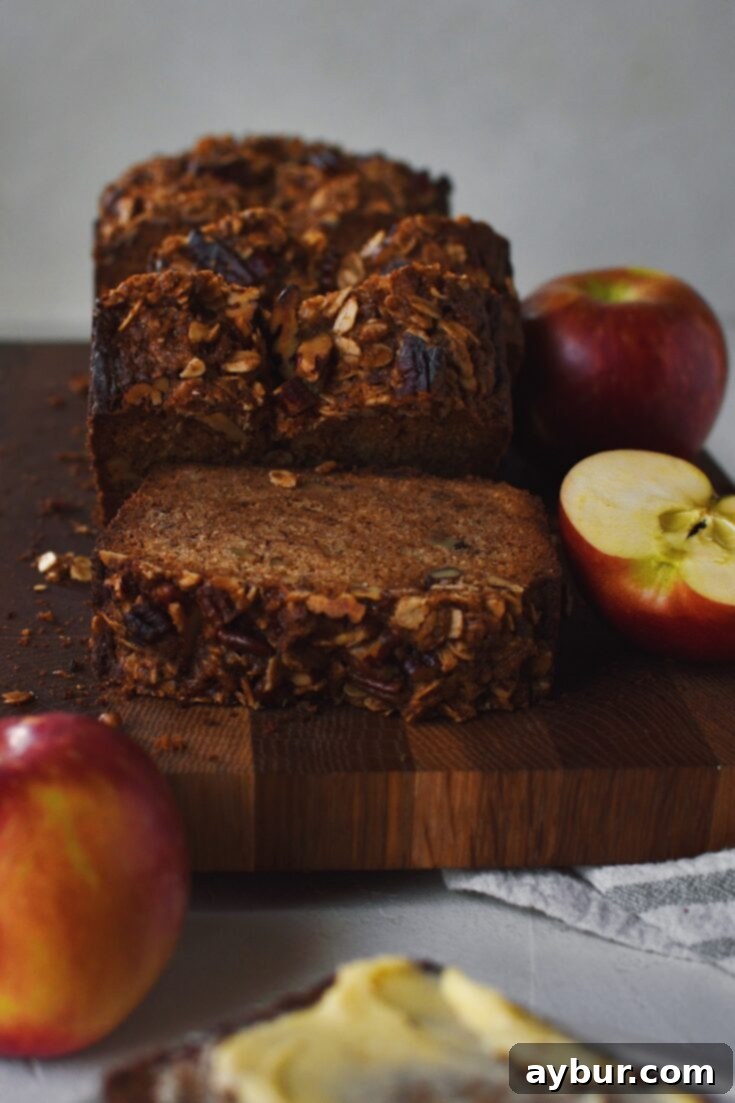 Looking at a loaf of Apple Bread that has been sliced.