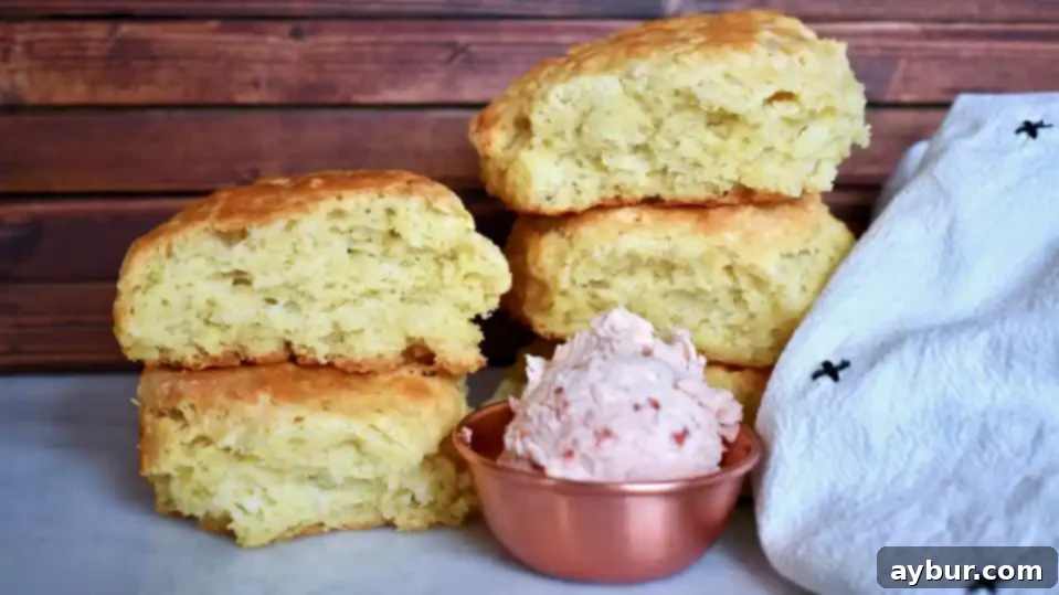 Two freshly baked Jojo's Biscuits, perfectly golden and fluffy, split open and generously spread with vibrant Strawberry Butter, illustrating a delectable serving suggestion.