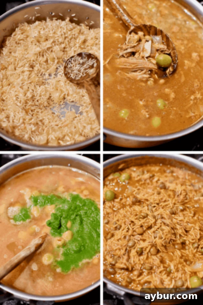 Arroz con Gandules cooking in a pot, showing the rice absorbing liquid and flavors