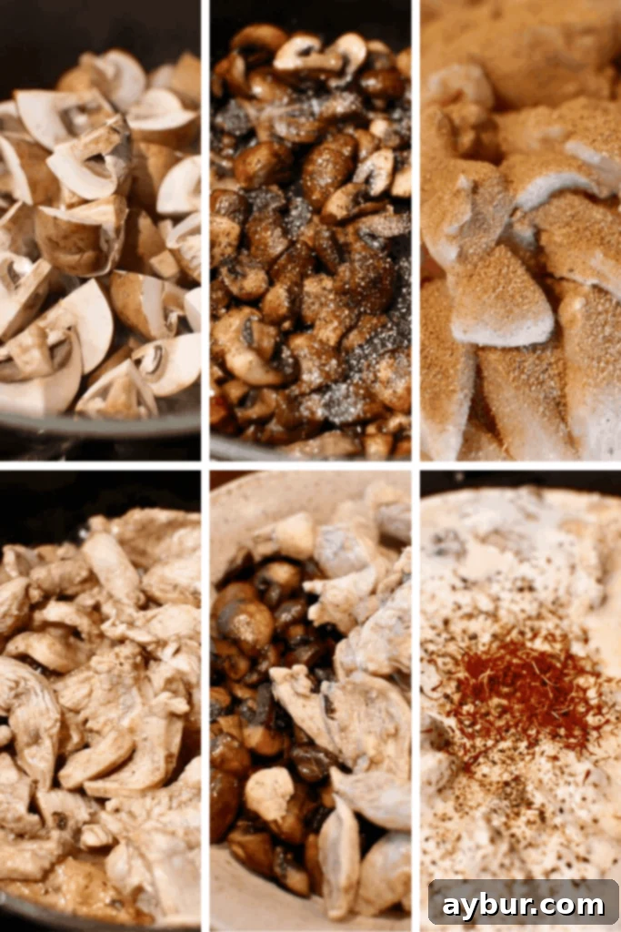 Saffron Chicken Step by Step cooking process showing browned mushrooms and chicken in a pot