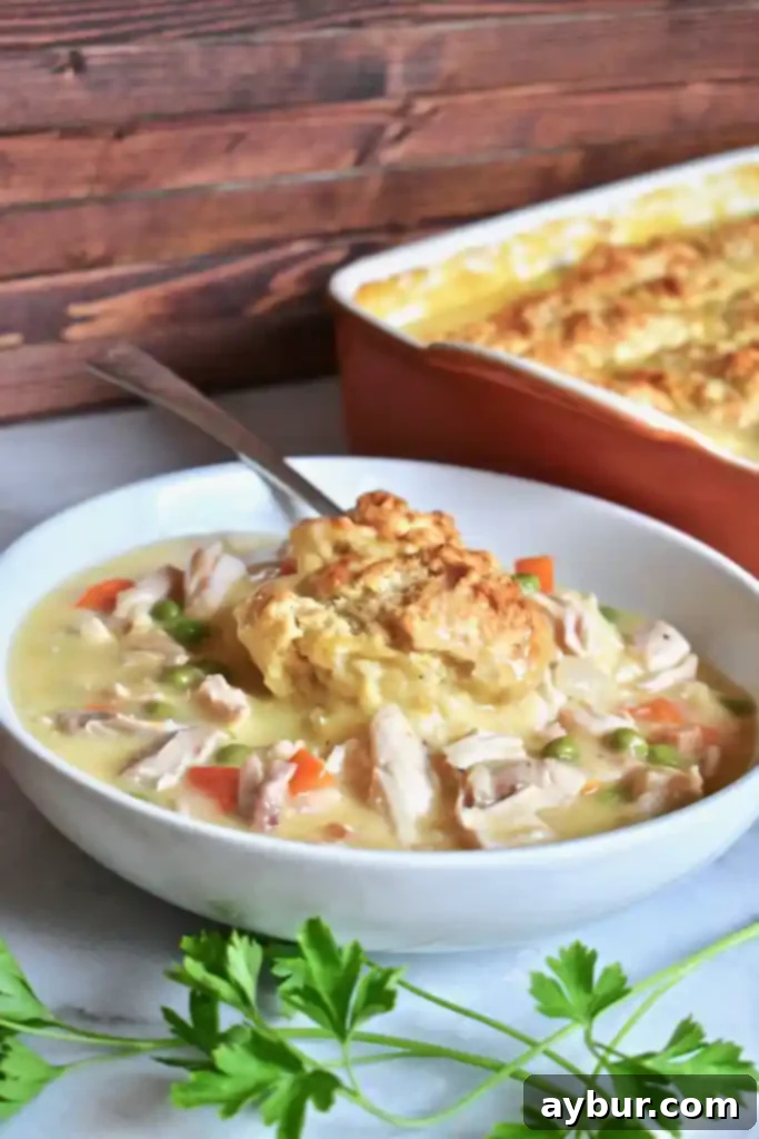 A golden-brown chicken pot pie with a biscuit crust, ready to be served.