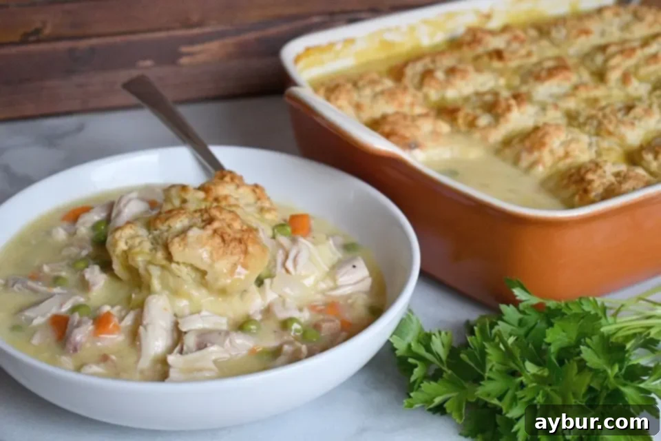 Close-up of the chicken pot pie, showing the golden biscuit crust and creamy filling underneath.