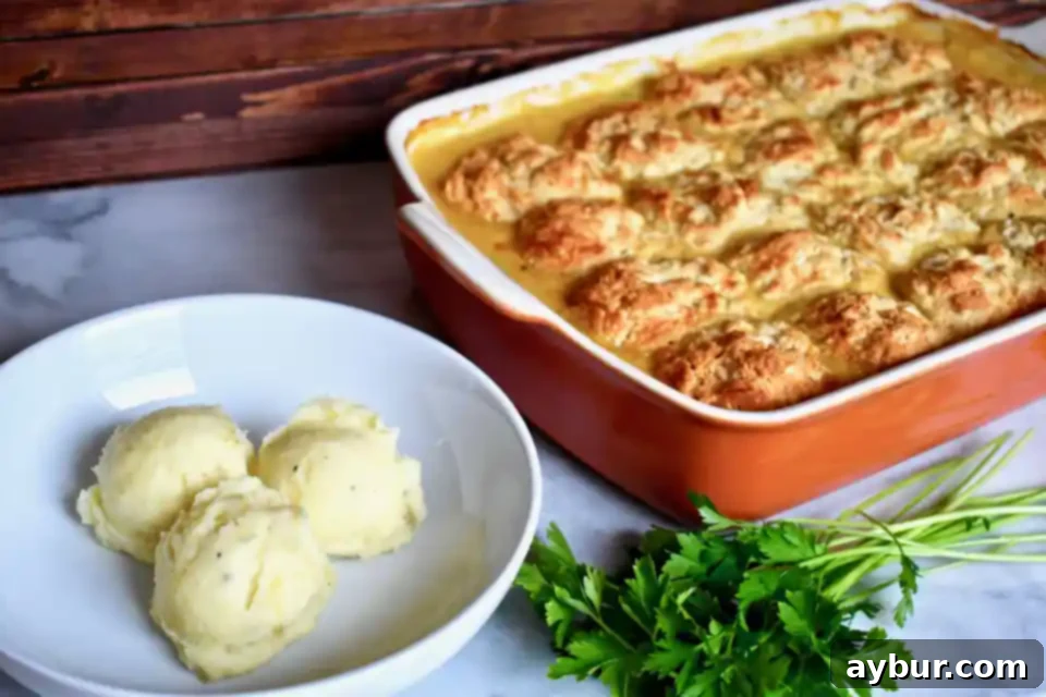 A spoonful of the creamy chicken pot pie filling with a piece of biscuit.