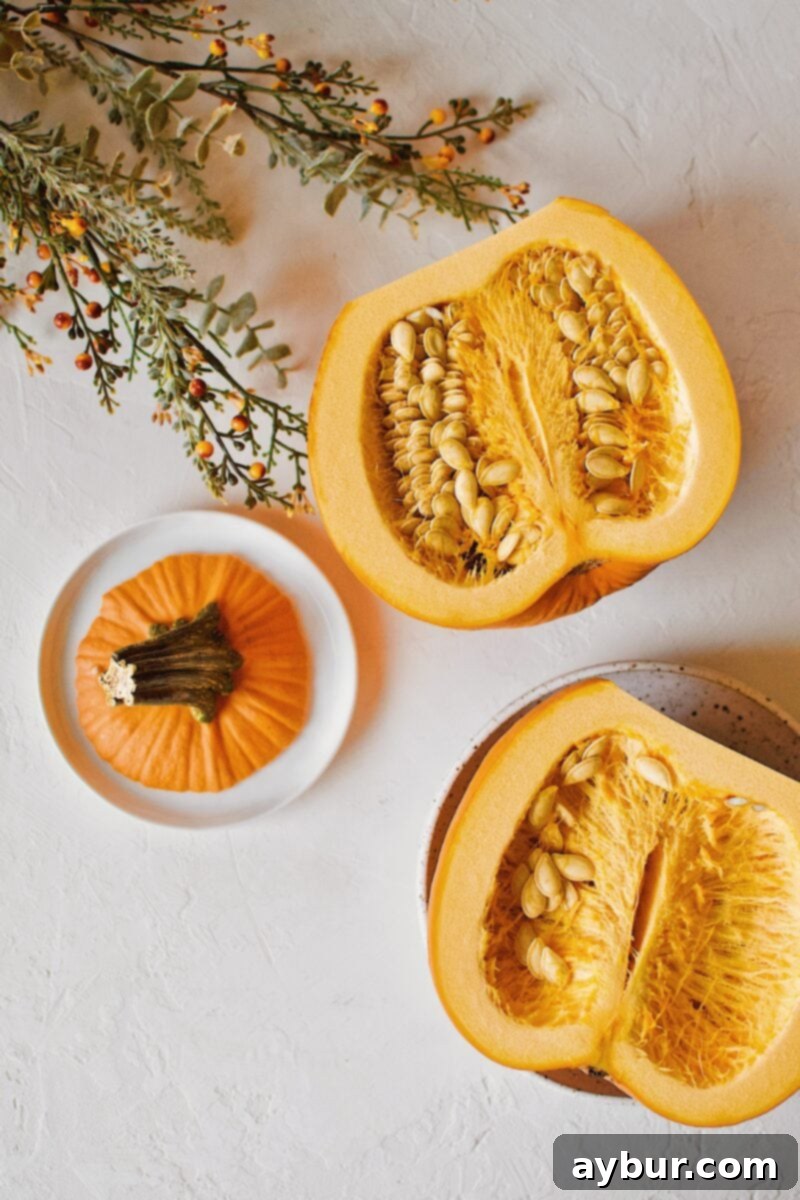 Golden Homemade Pumpkin Puree 4 A perfectly halved sugar pie pumpkin, ready for deseeding, showcasing its vibrant orange flesh.