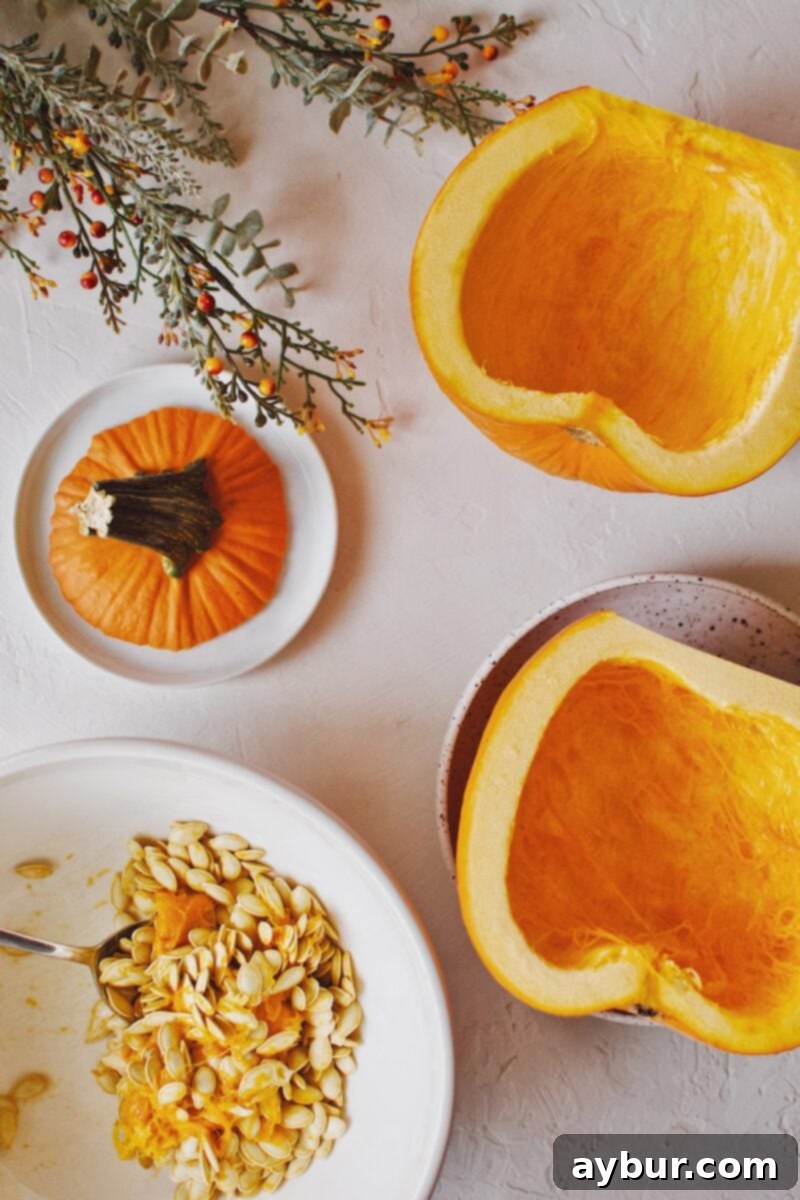 Golden Homemade Pumpkin Puree 5 A halved sugar pie pumpkin with all its seeds and fibrous membrane meticulously removed, ready for roasting.