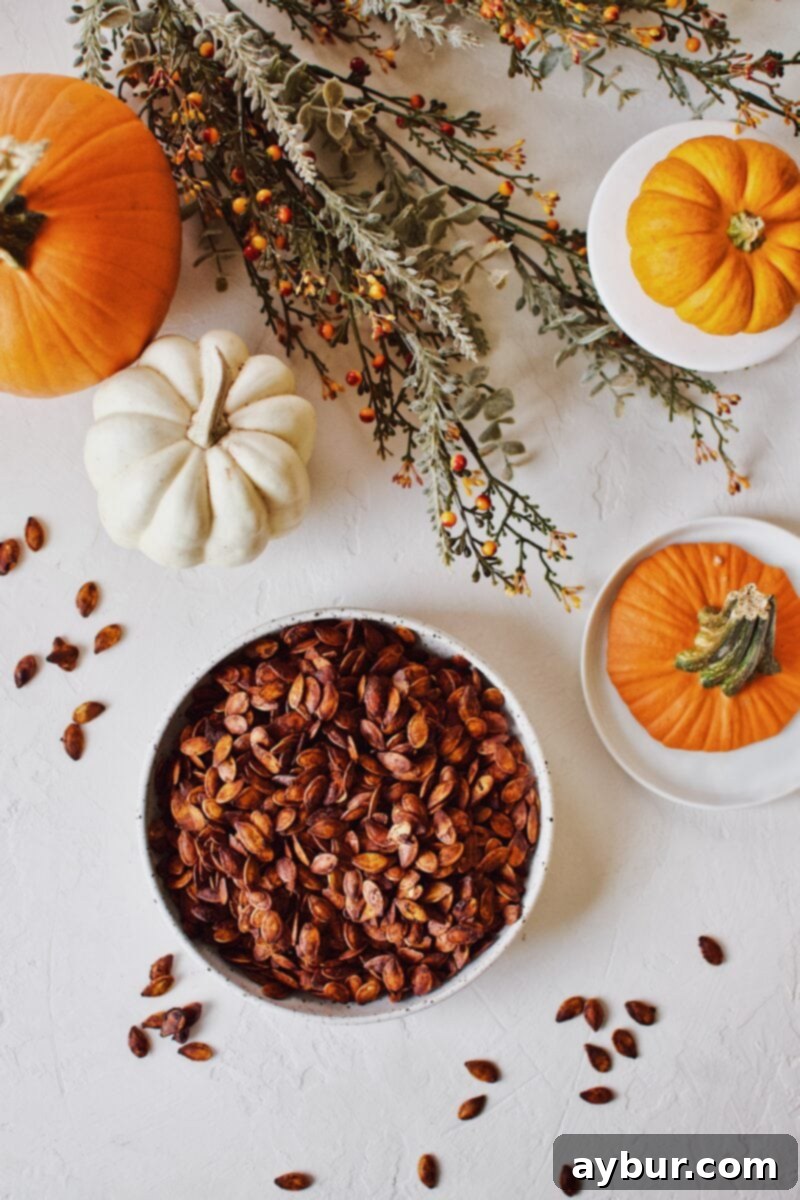 Soy-Glazed Pumpkin Seeds 10 A bowl of freshly roasted Soy Sauce Pumpkin Seeds, showcasing their rich color and inviting texture, ready for snacking.