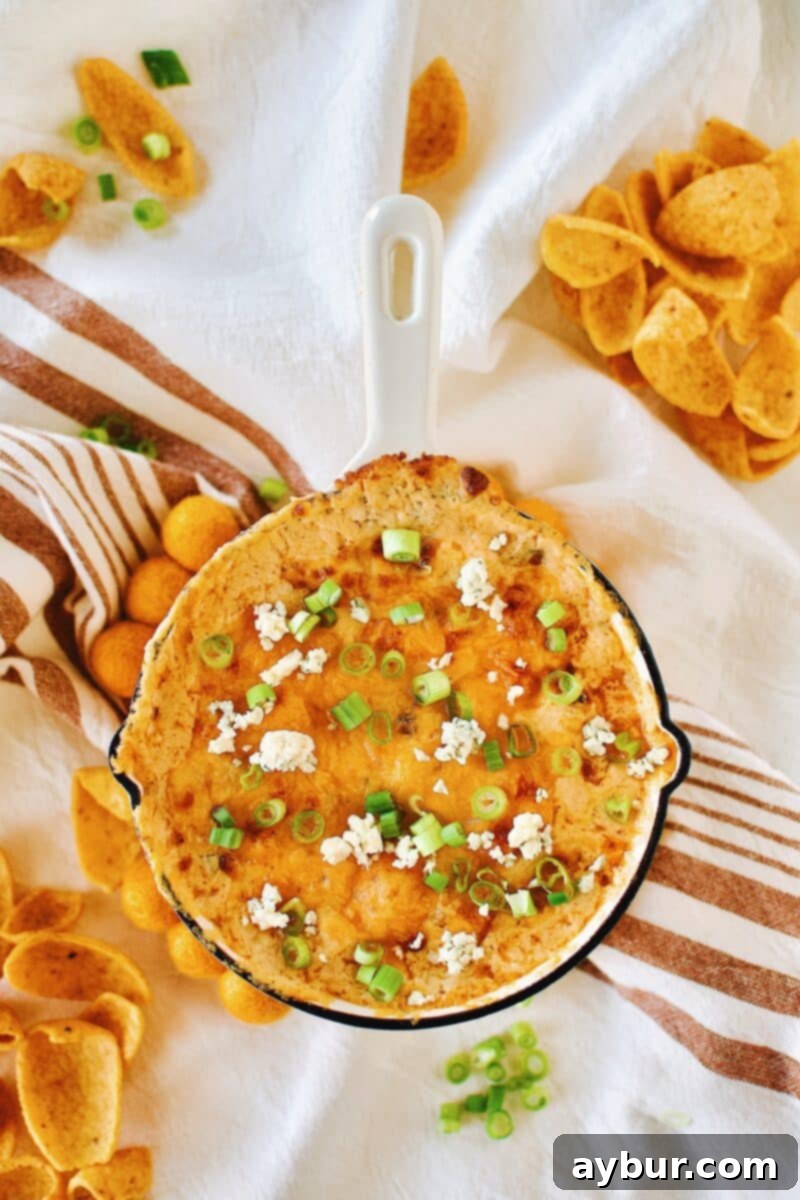 Creamy Buffalo Chicken Cheese Dip ready to be served