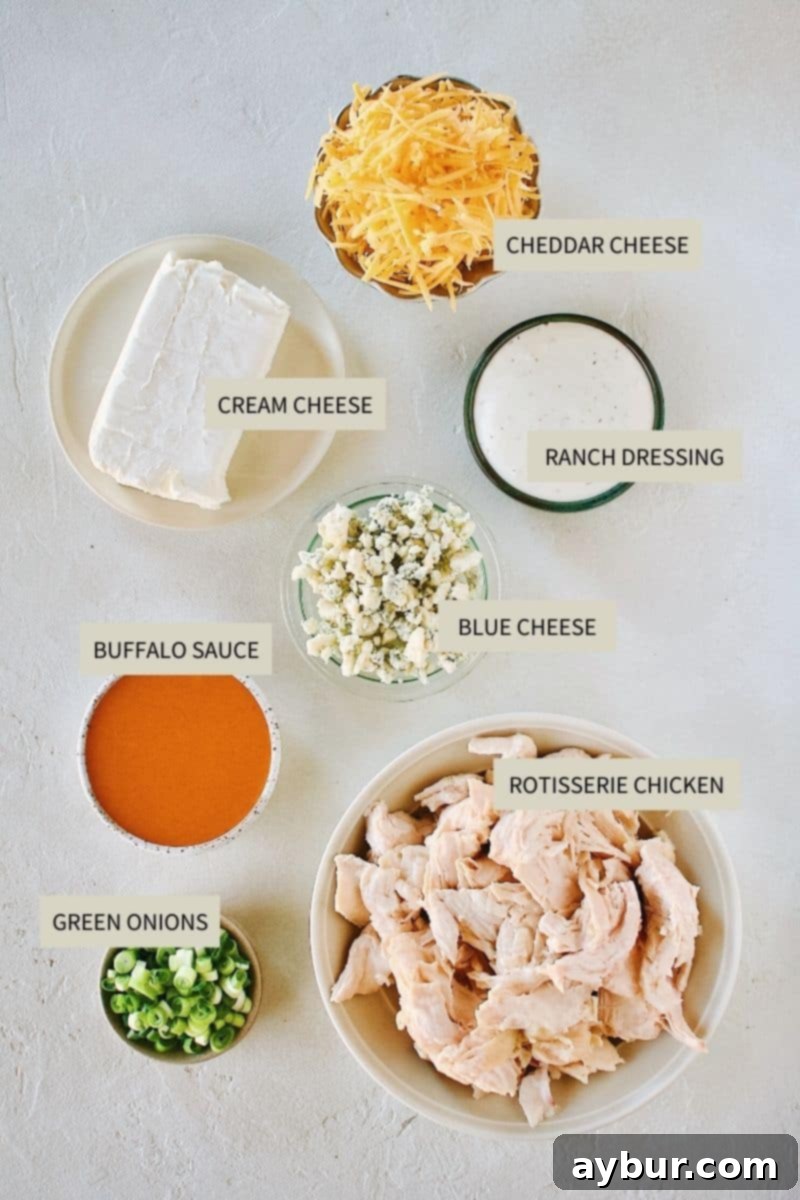 Ingredients needed to make delicious Buffalo Chicken Cheese Dip