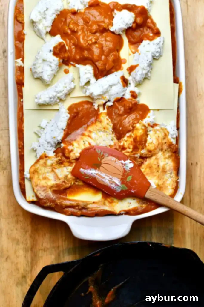 Finishing the last layer of the lasagna, ensuring all noodles are covered with sauce and cheese before baking