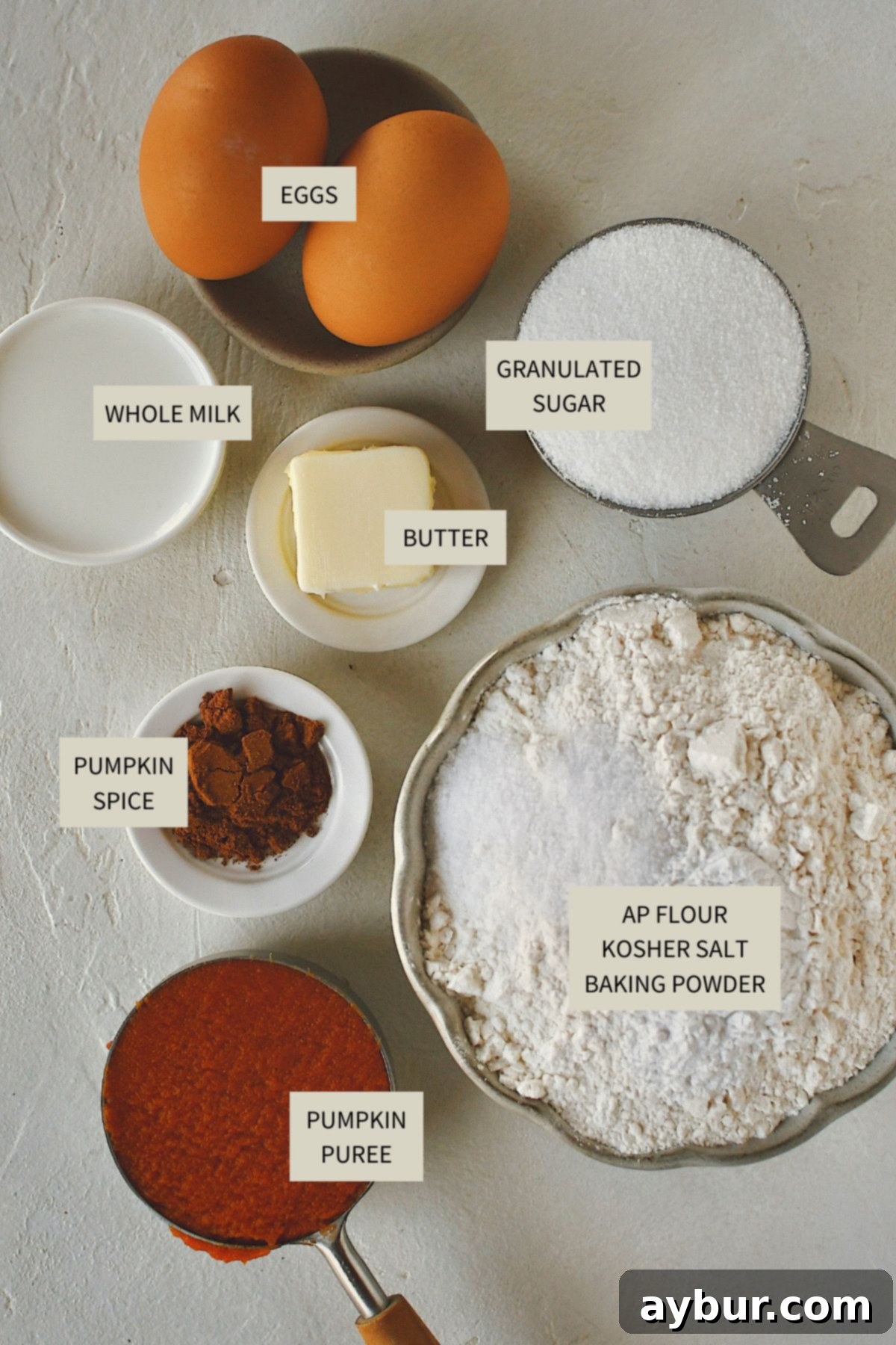 Ingredients needed to make Pumpkin Donuts.