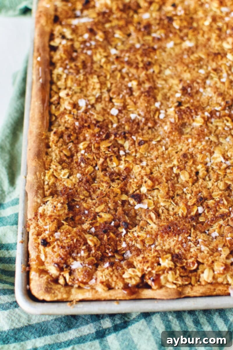 A freshly baked Honeycrisp Apple Slab Pie, golden brown and glistening, topped with flaky sea salt and ready to be served.