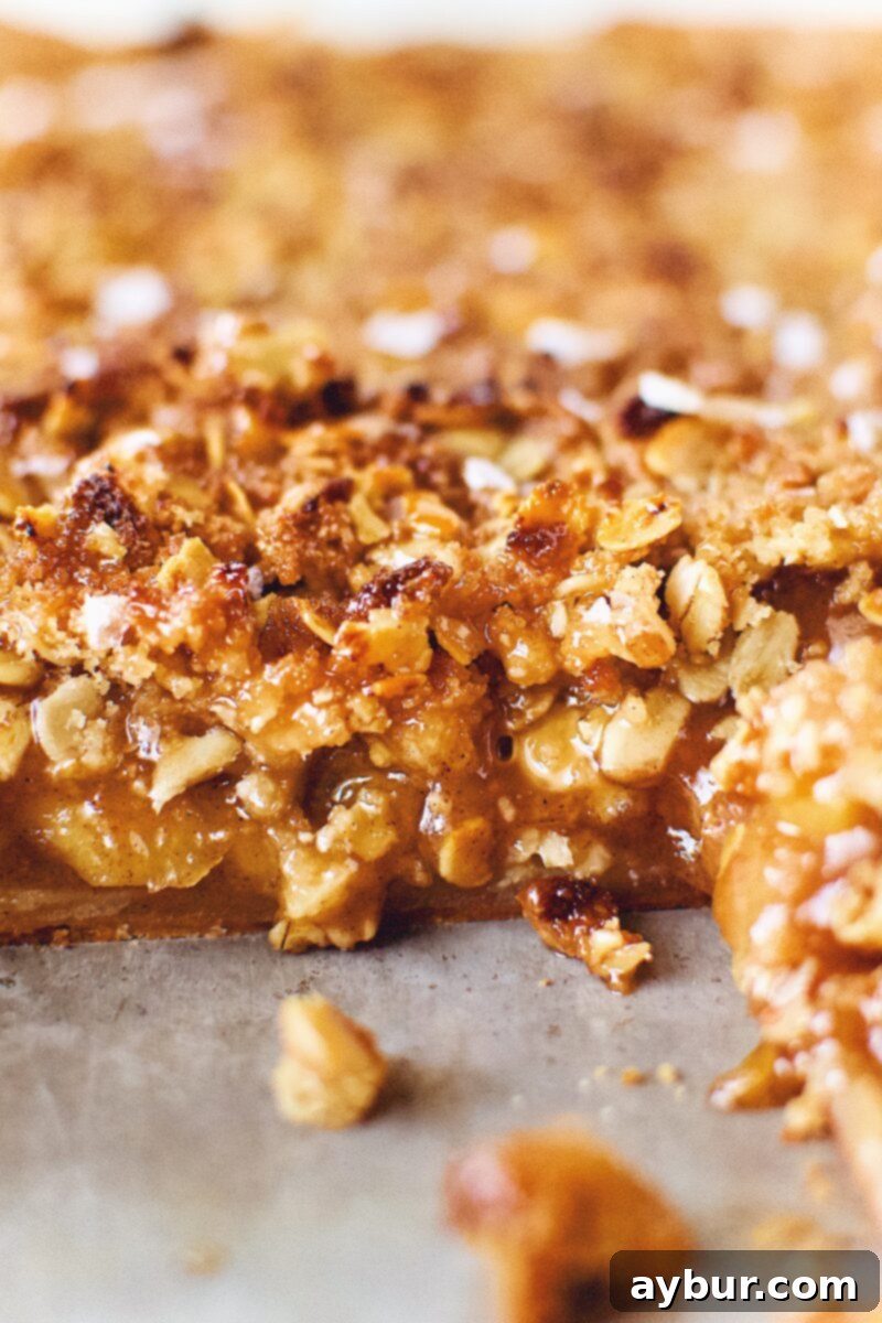A close-up of a slice of Honeycrisp Apple Slab Pie, revealing the perfectly cooked apple filling and crumbly topping.