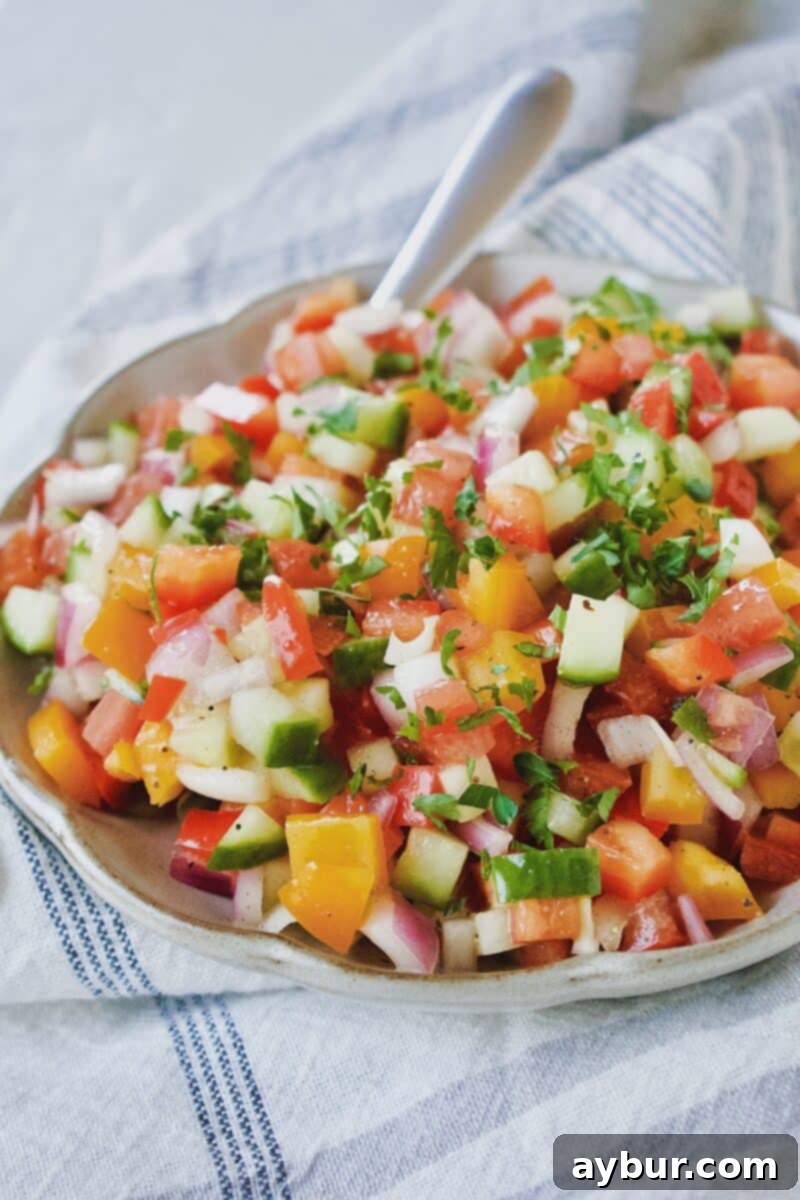 Greek Salsa Fresca 2 Vibrant Greek Pico de Gallo in a rustic bowl, garnished with fresh herbs, ready to be served with a spoon.