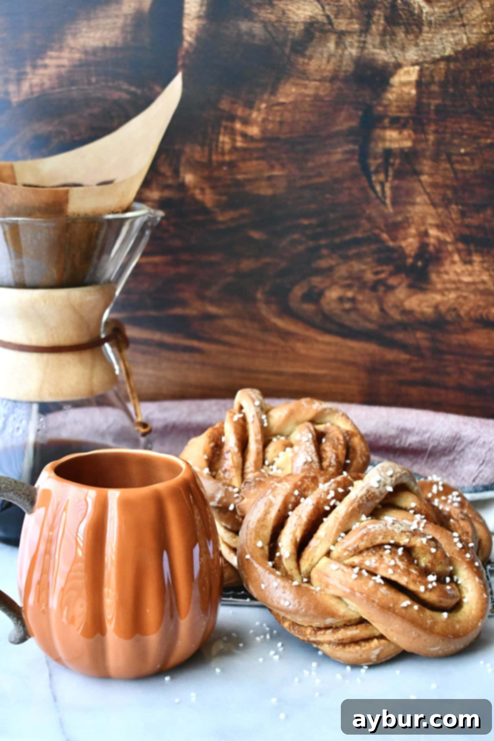Pumpkin Brown Sugar Buns and Coffee on a wooden tray