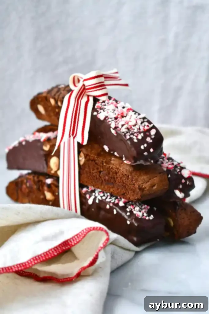 Peppermint Crunch Chocolate Hazelnut Biscotti 3 Close-up of perfectly sliced Chocolate Hazelnut Biscotti, ready for the second bake.