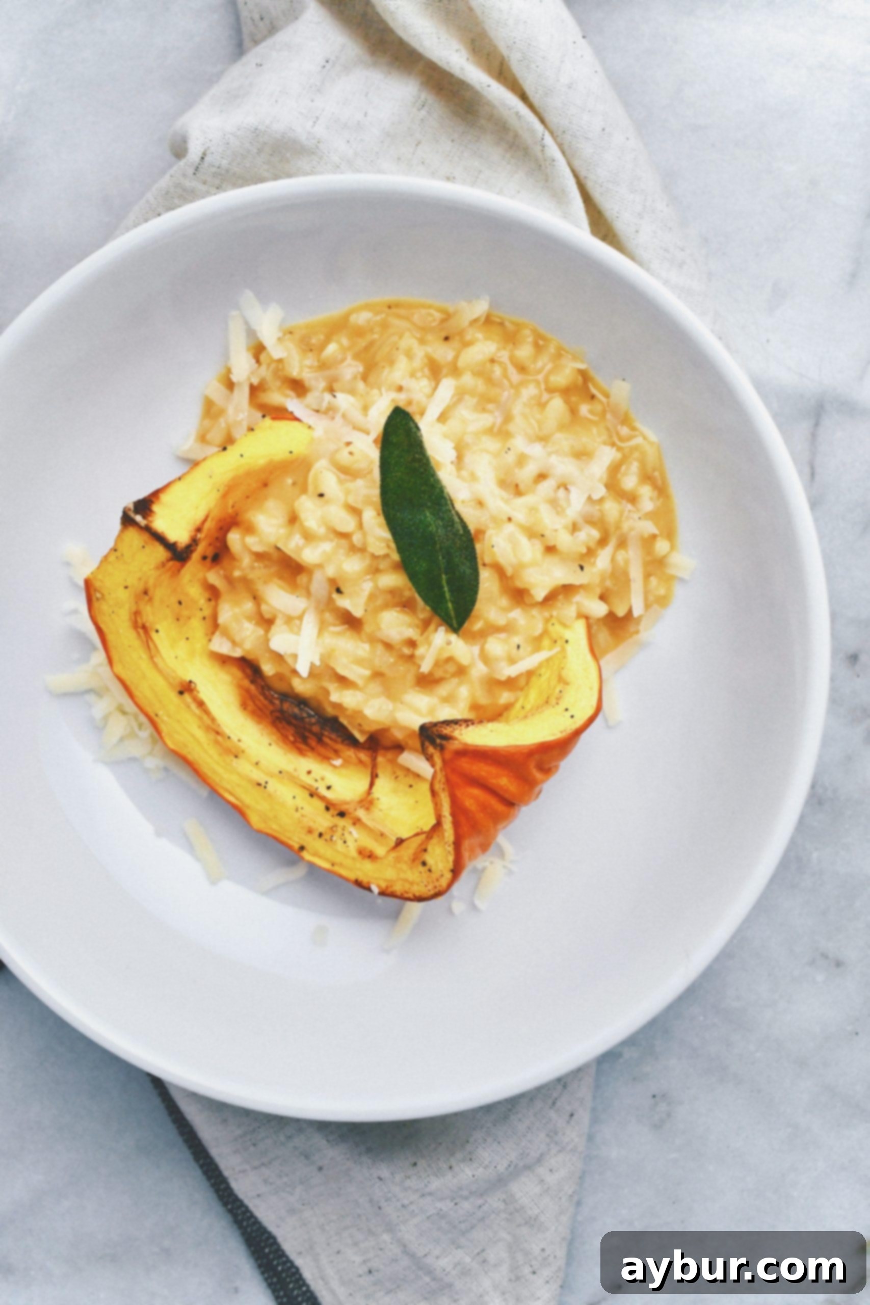 Creamy Pumpkin Sage Risotto 3 Close-up of creamy Pumpkin Sage Risotto in a pan