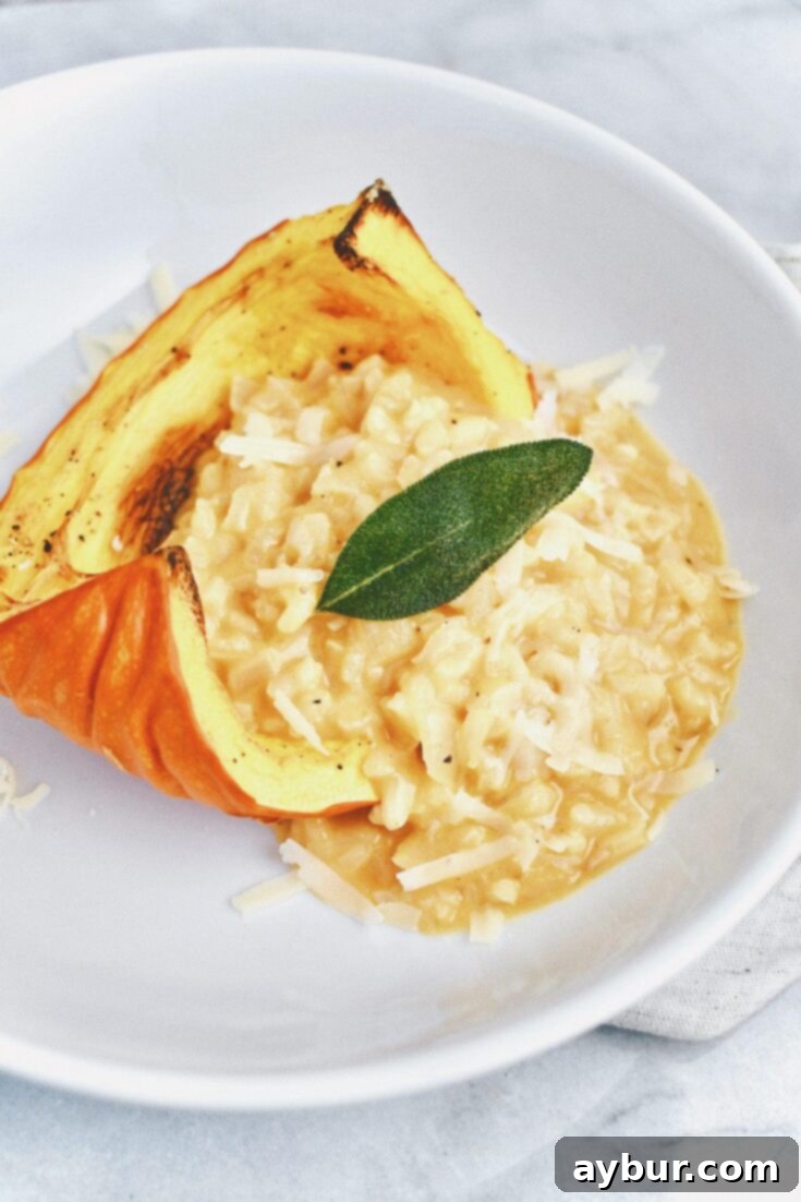 Creamy Pumpkin Sage Risotto 5 Pumpkin Sage Risotto, a rich and creamy fall dish garnished with fresh sage leaves